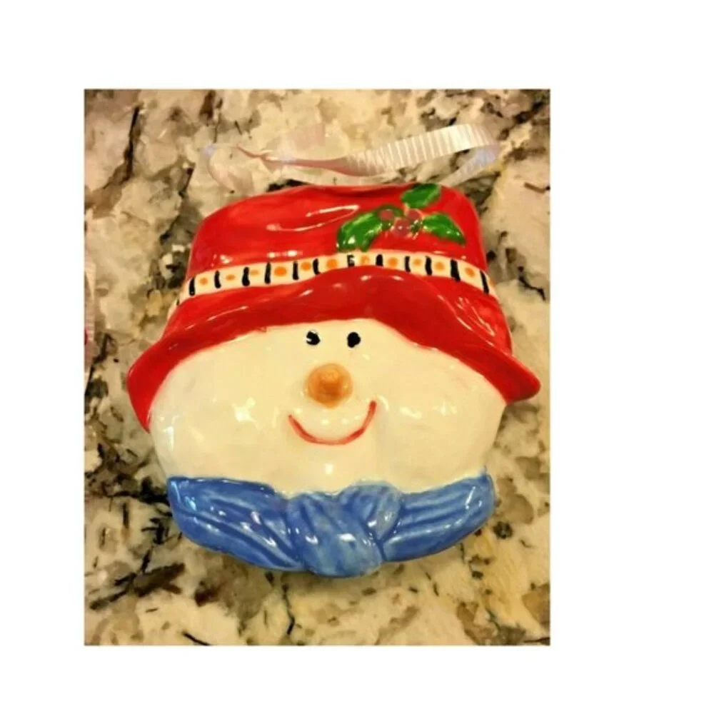 Set of 6 Hand-Painted Ceramic Christmas Ornaments Snowman Head With Hat